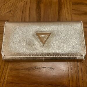 Guess Shimmer Gold Long Textured Continental Wallet with Triangular Logo